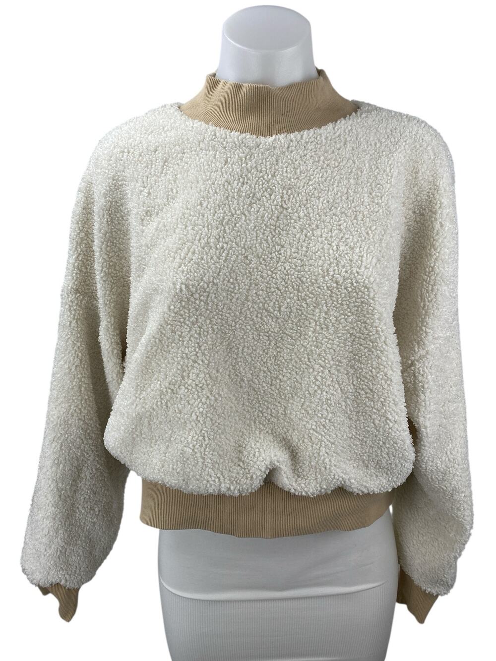 Fabletics Malia Polar Fleece White Brown Mock Neck Long Sleeve Sweater Top Sz M